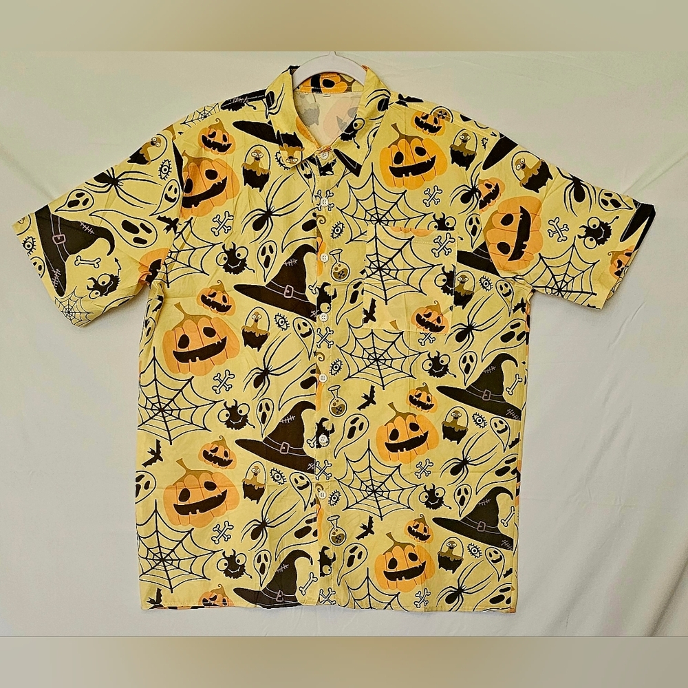 Mens OctoberTheme Button Up Short Sleeve Shirt Size MED Yellow/multi Color